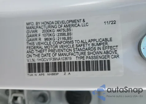 2022 Honda Accord Sport из США, поврежденный, VIN 1HGCV1F39NA103619